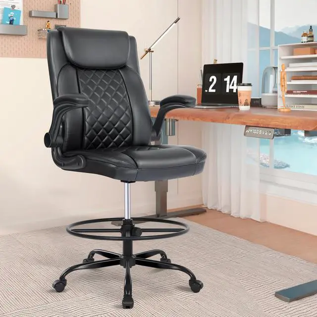 Alt view image 2 of 7 - Drafting Chair with Footrest Ring, Tall Office Chair for Standing Desk, PU Faux Leather Bar Counter Height Chairs with Adjustable Height, 360° Swivel Wheels for Garage Office, Black