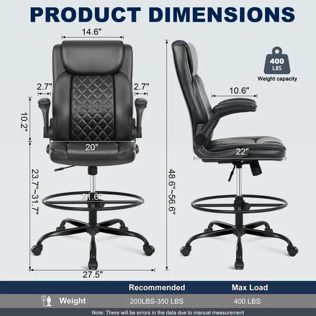Alt view image 3 of 7 - Drafting Chair with Footrest Ring, Tall Office Chair for Standing Desk, PU Faux Leather Bar Counter Height Chairs with Adjustable Height, 360° Swivel Wheels for Garage Office, Black