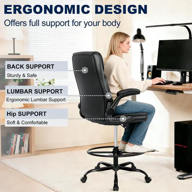Alt view image 6 of 7 - Drafting Chair with Footrest Ring, Tall Office Chair for Standing Desk, PU Faux Leather Bar Counter Height Chairs with Adjustable Height, 360° Swivel Wheels for Garage Office, Black