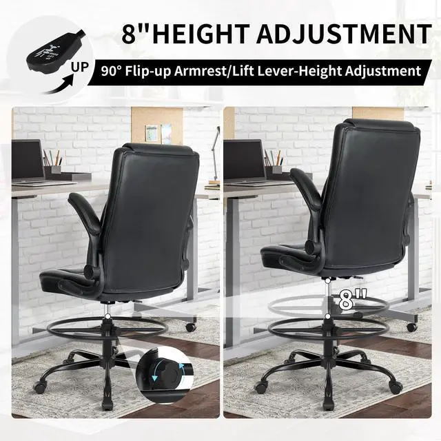 Alt view image 7 of 7 - Drafting Chair with Footrest Ring, Tall Office Chair for Standing Desk, PU Faux Leather Bar Counter Height Chairs with Adjustable Height, 360° Swivel Wheels for Garage Office, Black