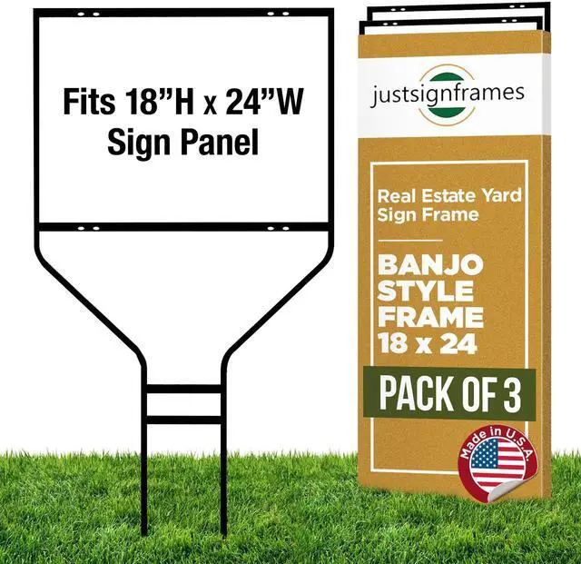 Main image of Real Estate Steel Banjo-Style Rod Sign Frame, 18 x 24 in, Black, 3 Packs | Powder-Coated, Ground Mount, Rust-Resistant, Fits Aluminum & Corrugated Panels, Weighs 9 lbs, 45-in Height, Pointed Legs