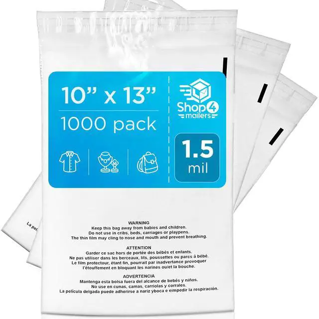 Main image of 1000 Count 10x13 Clear Poly Bags with Suffocation Warning, 1.5 Mil | Resealable Transparent Self Seal Polyethylene Polybags Packaging Mailers for FBA, Apparel, Jewelry, Gifts & Everyday Storage