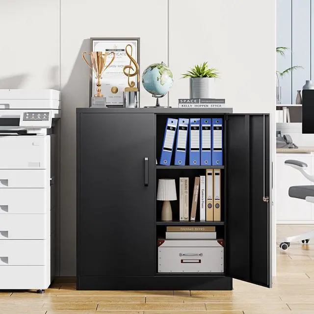 Alt view image 2 of 7 - Metal Storage Cabinets with Lock, Small Locker Steel Cabinets, Adjustable Shelves 2 Doors for Home,Office, Warehouse,Garage(Black-36)