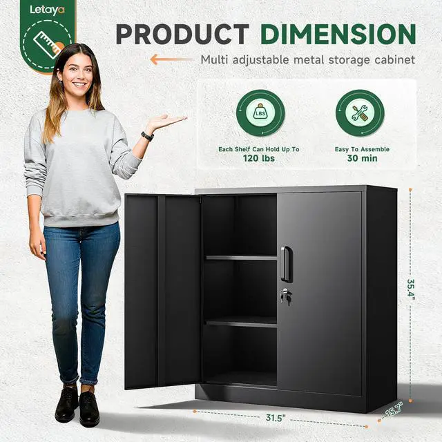 Alt view image 3 of 7 - Metal Storage Cabinets with Lock, Small Locker Steel Cabinets, Adjustable Shelves 2 Doors for Home,Office, Warehouse,Garage(Black-36)