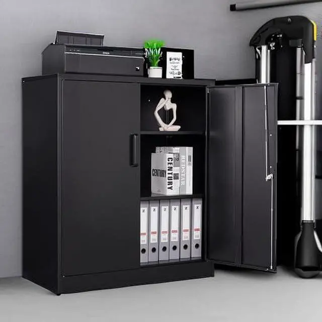 Alt view image 5 of 7 - Metal Storage Cabinets with Lock, Small Locker Steel Cabinets, Adjustable Shelves 2 Doors for Home,Office, Warehouse,Garage(Black-36)