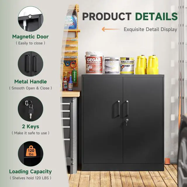 Alt view image 4 of 7 - Metal Storage Cabinets with Lock, Small Locker Steel Cabinets, Adjustable Shelves 2 Doors for Home,Office, Warehouse,Garage(Black-36)