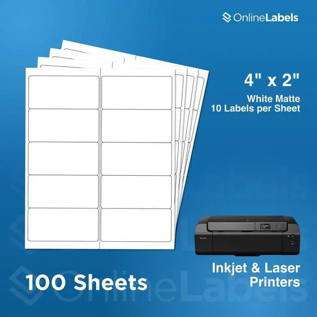 Alt view image 2 of 7 - OnlineLabels 4" x 2" Rectangle Mailing Labels - White Matte - 100 Sheets | Permanent Adhesive, Blank Rectangle Labels, Inkjet and Laser Compatible, Ideal for Mailing & Address Labels