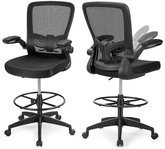 Main image of Drafting Chair High Back Office Chairs with Footrest Ring Flip-Up Armrest Height Adjustable Executive Desk Chair Ergonomic Mesh Computer Task Chair Lumbar Support Tall Office Chair (2, Black)