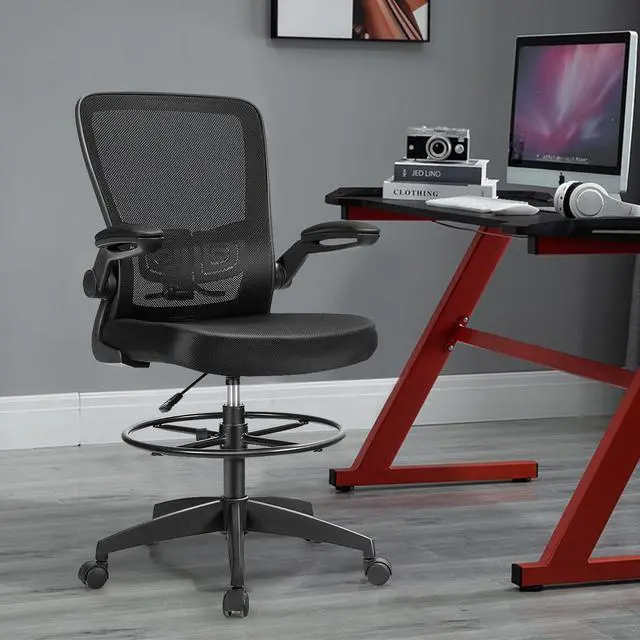 Alt view image 2 of 7 - Drafting Chair High Back Office Chairs with Footrest Ring Flip-Up Armrest Height Adjustable Executive Desk Chair Ergonomic Mesh Computer Task Chair Lumbar Support Tall Office Chair (2, Black)