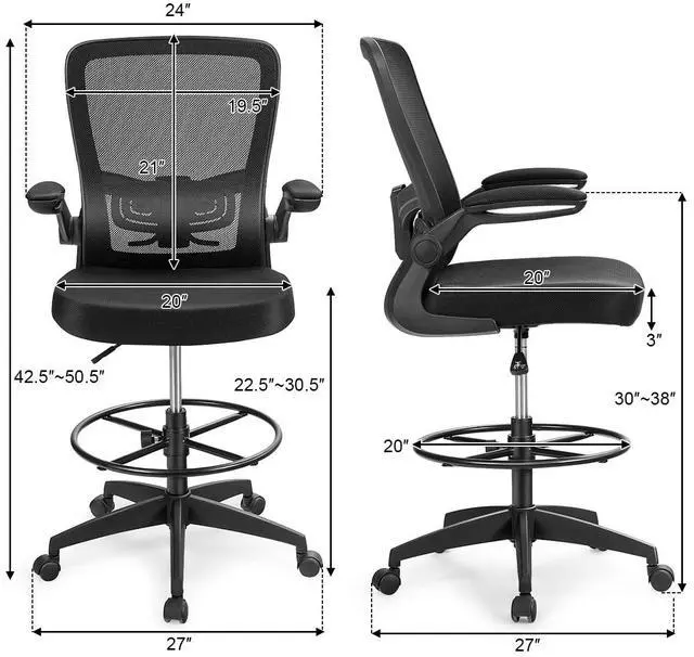 Alt view image 3 of 7 - Drafting Chair High Back Office Chairs with Footrest Ring Flip-Up Armrest Height Adjustable Executive Desk Chair Ergonomic Mesh Computer Task Chair Lumbar Support Tall Office Chair (2, Black)