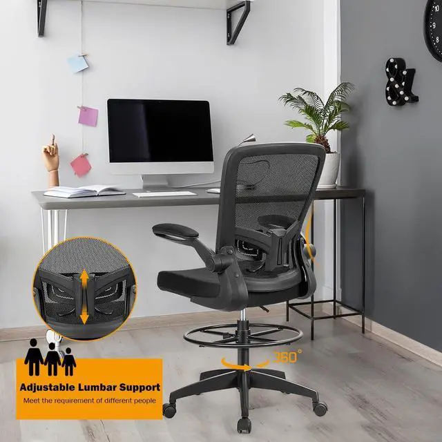 Alt view image 5 of 7 - Drafting Chair High Back Office Chairs with Footrest Ring Flip-Up Armrest Height Adjustable Executive Desk Chair Ergonomic Mesh Computer Task Chair Lumbar Support Tall Office Chair (2, Black)