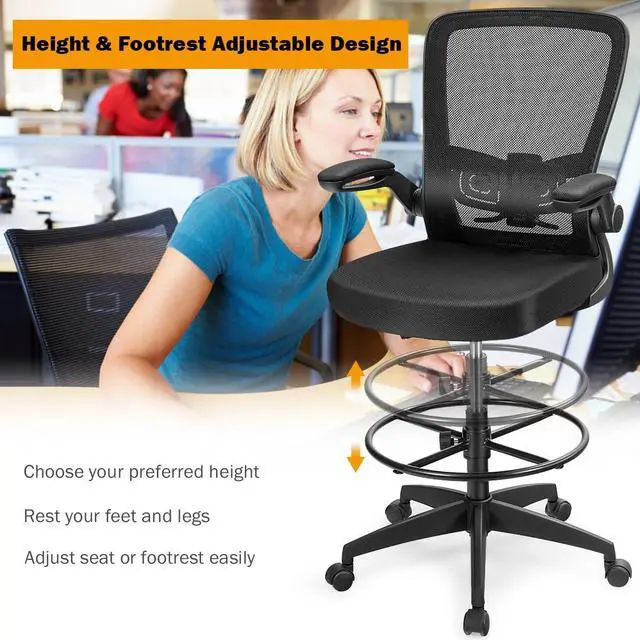 Alt view image 6 of 7 - Drafting Chair High Back Office Chairs with Footrest Ring Flip-Up Armrest Height Adjustable Executive Desk Chair Ergonomic Mesh Computer Task Chair Lumbar Support Tall Office Chair (2, Black)