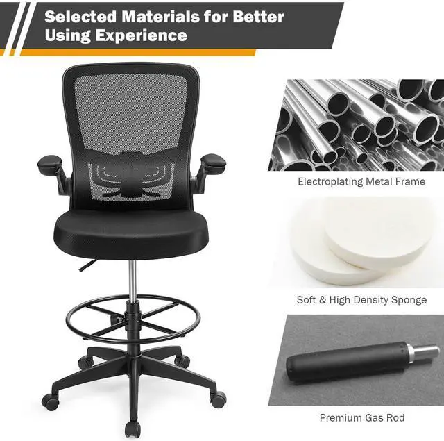 Alt view image 7 of 7 - Drafting Chair High Back Office Chairs with Footrest Ring Flip-Up Armrest Height Adjustable Executive Desk Chair Ergonomic Mesh Computer Task Chair Lumbar Support Tall Office Chair (2, Black)
