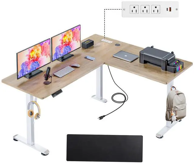 Main image of 63in L Shaped Standing Desk with Outlets, Electric Sit Stand Up Desk Adjustable Height, Corner Desk with Mouse Pad, Hooks, Home Office Writing Gaming Big Computer Workstation, Oak Grey