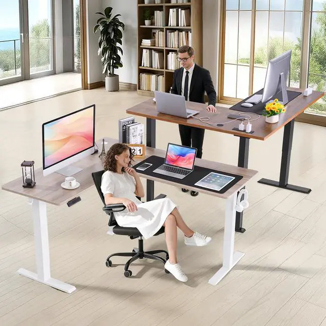 Alt view image 2 of 7 - 63in L Shaped Standing Desk with Outlets, Electric Sit Stand Up Desk Adjustable Height, Corner Desk with Mouse Pad, Hooks, Home Office Writing Gaming Big Computer Workstation, Oak Grey