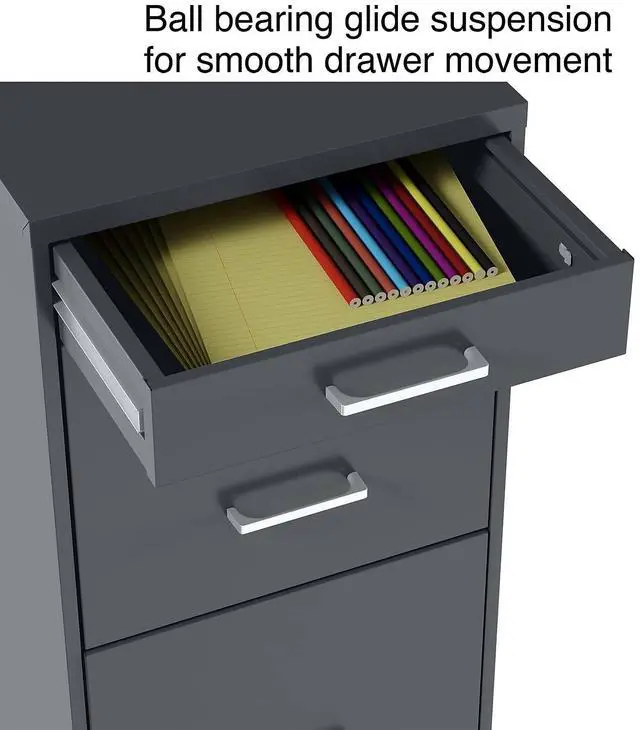 Alt view image 6 of 7 - 3-Drawer Vertical File Cabinet, Letter Size, Lockable, Charcoal | Mobile rolling cabinet, 18.9in D x 14.3in W x 26.8in H, for secure storage