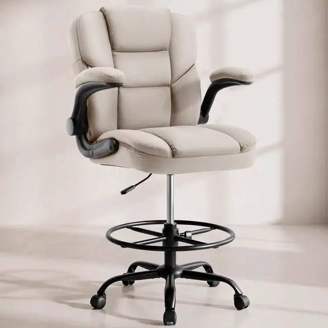 Main image of Drafting Chair 500Lbs, Tall Office Chair for Standing Desk, High PU Leather Executive Office Chair with Flip-up Armrests, Ergonomic High Chair with Adjustable Foot Ring, Comfy Stool Chairs, Beige