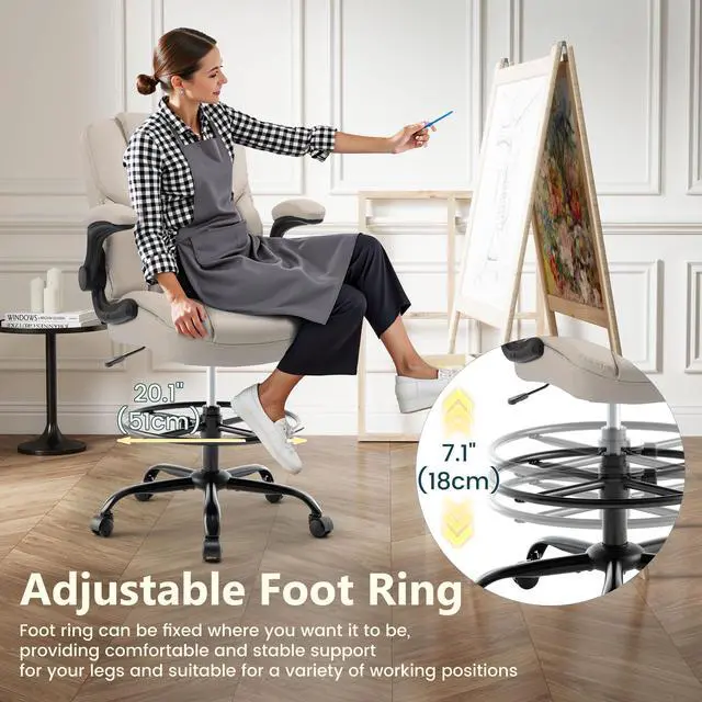 Alt view image 3 of 7 - Drafting Chair 500Lbs, Tall Office Chair for Standing Desk, High PU Leather Executive Office Chair with Flip-up Armrests, Ergonomic High Chair with Adjustable Foot Ring, Comfy Stool Chairs, Beige
