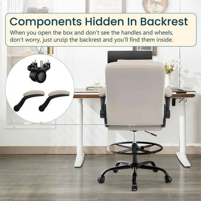 Alt view image 4 of 7 - Drafting Chair 500Lbs, Tall Office Chair for Standing Desk, High PU Leather Executive Office Chair with Flip-up Armrests, Ergonomic High Chair with Adjustable Foot Ring, Comfy Stool Chairs, Beige
