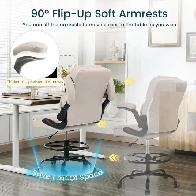 Alt view image 5 of 7 - Drafting Chair 500Lbs, Tall Office Chair for Standing Desk, High PU Leather Executive Office Chair with Flip-up Armrests, Ergonomic High Chair with Adjustable Foot Ring, Comfy Stool Chairs, Beige