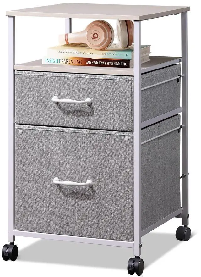 Main image of 2 Drawer Mobile File Cabinet with Open Storage Shelf | Rolling Printer Stand, Fabric Vertical Filing Cabinet fits A4 or Letter Size for Home Office, Light Grey
