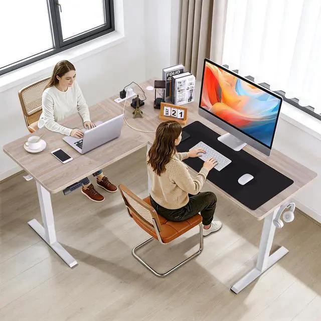 Alt view image 7 of 7 - 63in L Shaped Standing Desk with Outlets, Electric Sit Stand Up Desk Adjustable Height, Corner Desk with Mouse Pad, Hooks, Home Office Writing Gaming Big Computer Workstation, Oak Grey