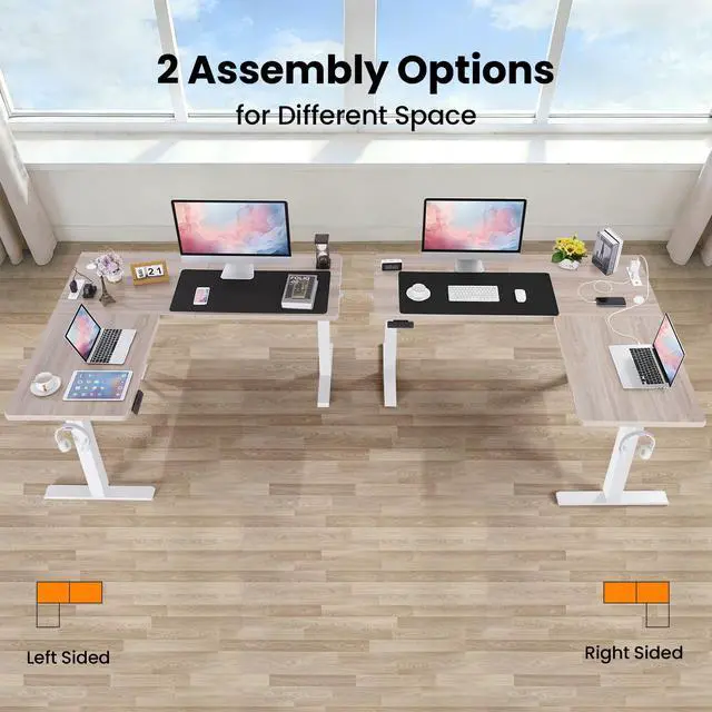 Alt view image 6 of 7 - 63in L Shaped Standing Desk with Outlets, Electric Sit Stand Up Desk Adjustable Height, Corner Desk with Mouse Pad, Hooks, Home Office Writing Gaming Big Computer Workstation, Oak Grey