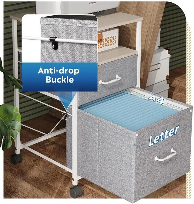 Alt view image 5 of 7 - 2 Drawer Mobile File Cabinet with Open Storage Shelf | Rolling Printer Stand, Fabric Vertical Filing Cabinet fits A4 or Letter Size for Home Office, Light Grey