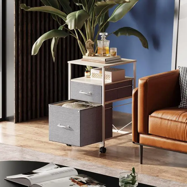 Alt view image 2 of 7 - 2 Drawer Mobile File Cabinet with Open Storage Shelf | Rolling Printer Stand, Fabric Vertical Filing Cabinet fits A4 or Letter Size for Home Office, Light Grey