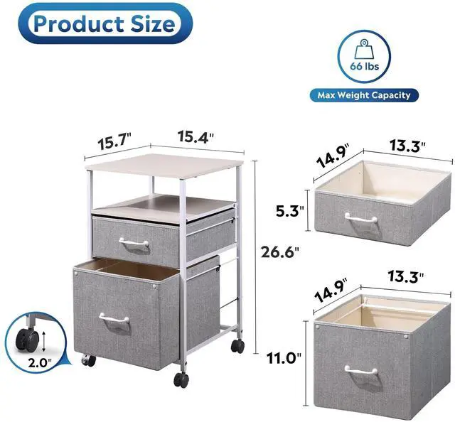 Alt view image 3 of 7 - 2 Drawer Mobile File Cabinet with Open Storage Shelf | Rolling Printer Stand, Fabric Vertical Filing Cabinet fits A4 or Letter Size for Home Office, Light Grey