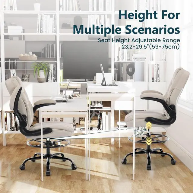 Alt view image 6 of 7 - Drafting Chair 500Lbs, Tall Office Chair for Standing Desk, High PU Leather Executive Office Chair with Flip-up Armrests, Ergonomic High Chair with Adjustable Foot Ring, Comfy Stool Chairs, Beige