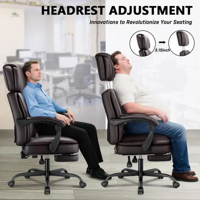 Alt view image 4 of 7 - 400lbs Executive Office Chair with Foot Rest for Heavy People, Ergonomic Big and Tall Desk Chair with Adjustable Headrest, High Back PU Leather Comfy Heavy Duty Computer Chair