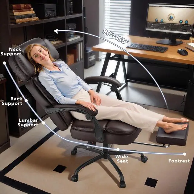 Alt view image 7 of 7 - 400lbs Executive Office Chair with Foot Rest for Heavy People, Ergonomic Big and Tall Desk Chair with Adjustable Headrest, High Back PU Leather Comfy Heavy Duty Computer Chair