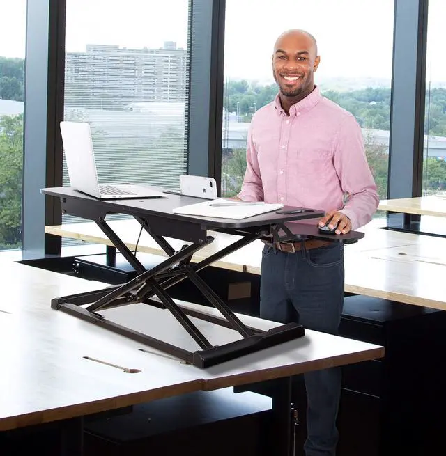 Alt view image 2 of 7 - Flexpro Hero 37 Inch Standing Desk Converter, for Office and Home, Height Adjustable, 2 Level Sit to Stand Workspace with Keyboard Shelf & Monitor Riser, Sit or Stand (Black, 37 x 18 x 4.5 to 20)