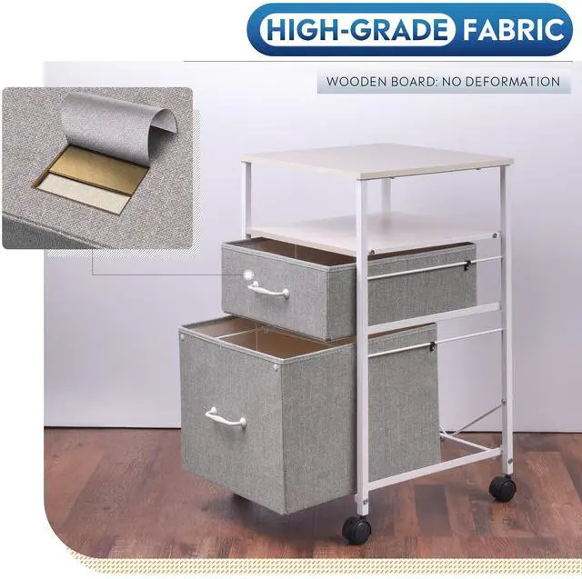 Alt view image 7 of 7 - 2 Drawer Mobile File Cabinet with Open Storage Shelf | Rolling Printer Stand, Fabric Vertical Filing Cabinet fits A4 or Letter Size for Home Office, Light Grey