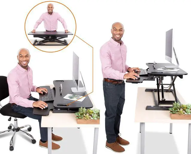 Alt view image 4 of 7 - Flexpro Hero 37 Inch Standing Desk Converter, for Office and Home, Height Adjustable, 2 Level Sit to Stand Workspace with Keyboard Shelf & Monitor Riser, Sit or Stand (Black, 37 x 18 x 4.5 to 20)