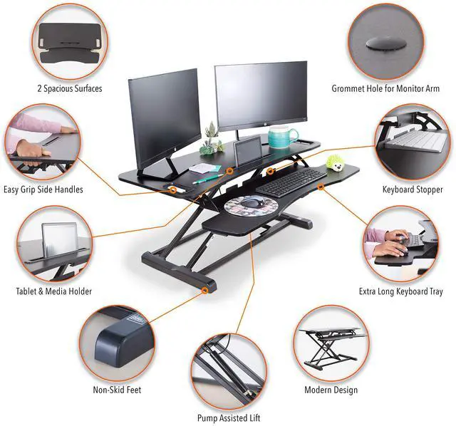 Alt view image 5 of 7 - Flexpro Hero 37 Inch Standing Desk Converter, for Office and Home, Height Adjustable, 2 Level Sit to Stand Workspace with Keyboard Shelf & Monitor Riser, Sit or Stand (Black, 37 x 18 x 4.5 to 20)