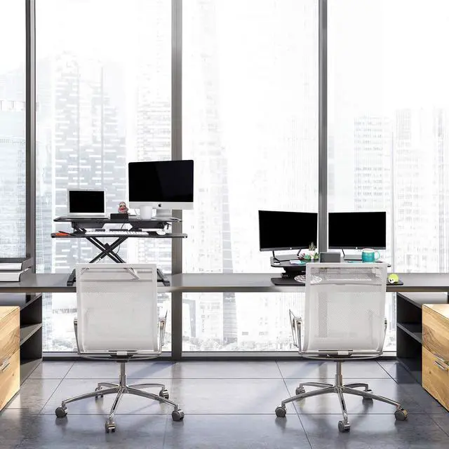Alt view image 7 of 7 - Flexpro Hero 37 Inch Standing Desk Converter, for Office and Home, Height Adjustable, 2 Level Sit to Stand Workspace with Keyboard Shelf & Monitor Riser, Sit or Stand (Black, 37 x 18 x 4.5 to 20)