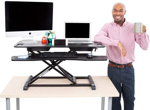 Alt view image 6 of 7 - Flexpro Hero 37 Inch Standing Desk Converter, for Office and Home, Height Adjustable, 2 Level Sit to Stand Workspace with Keyboard Shelf & Monitor Riser, Sit or Stand (Black, 37 x 18 x 4.5 to 20)