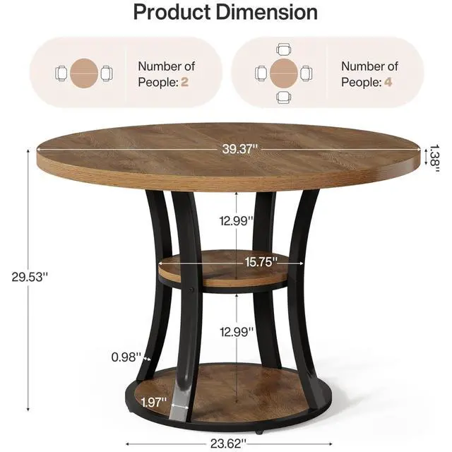 Alt view image 2 of 7 - 39-Inch Round Conference Table for 4, Modern Small Meeting Room Table with 2-Tier Storage Shelf and Metal Base for Office, Conference Room, Waitting Room, Small Spaces (Rustic Brown)