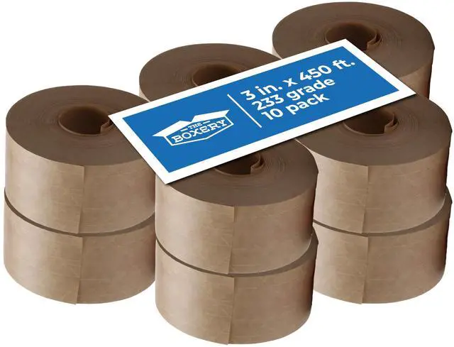 Main image of Water Activated Kraft Fiberglass Reinforced Packing Tape, 3x450 - 233 Grade- (10 Rolls Included) Gummed Paper for Heavy Duty Packaging and Shipping, Writable, Eco-Friendly