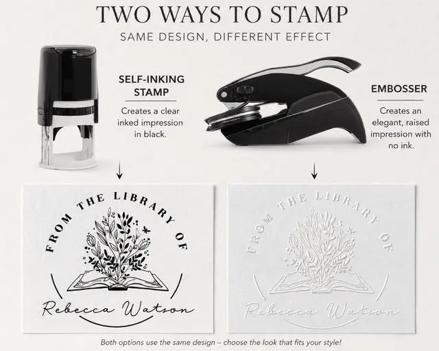 Alt view image 2 of 7 - Book Embosser Personalized from The Library of | Ex Libris | Floral Stamper | Custom Library Stamps | Monogram Self-Inking Wood Handle (Floral 3)
