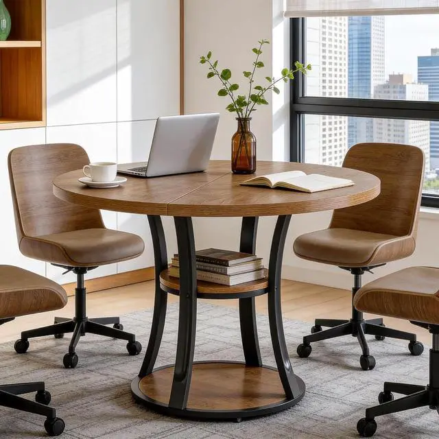 Alt view image 3 of 7 - 39-Inch Round Conference Table for 4, Modern Small Meeting Room Table with 2-Tier Storage Shelf and Metal Base for Office, Conference Room, Waitting Room, Small Spaces (Rustic Brown)