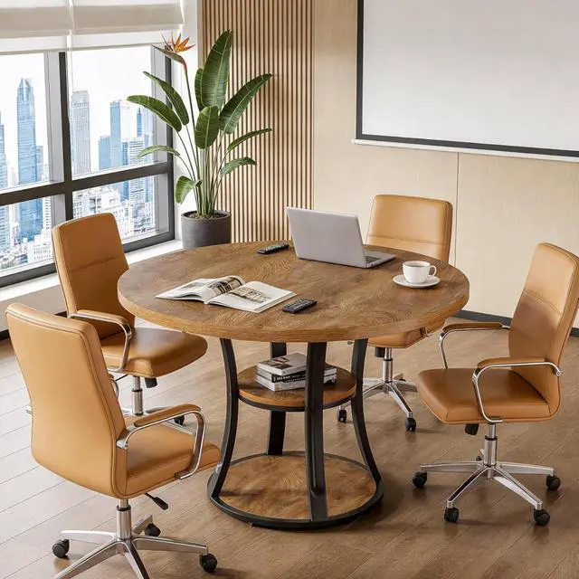 Alt view image 4 of 7 - 39-Inch Round Conference Table for 4, Modern Small Meeting Room Table with 2-Tier Storage Shelf and Metal Base for Office, Conference Room, Waitting Room, Small Spaces (Rustic Brown)