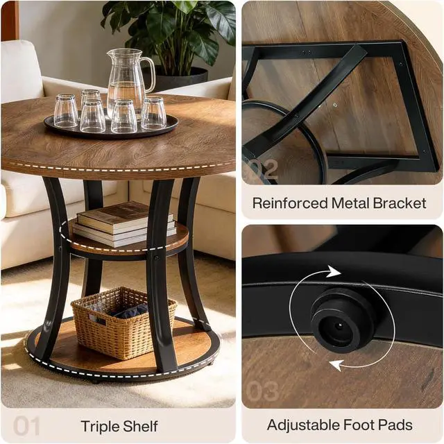 Alt view image 5 of 7 - 39-Inch Round Conference Table for 4, Modern Small Meeting Room Table with 2-Tier Storage Shelf and Metal Base for Office, Conference Room, Waitting Room, Small Spaces (Rustic Brown)