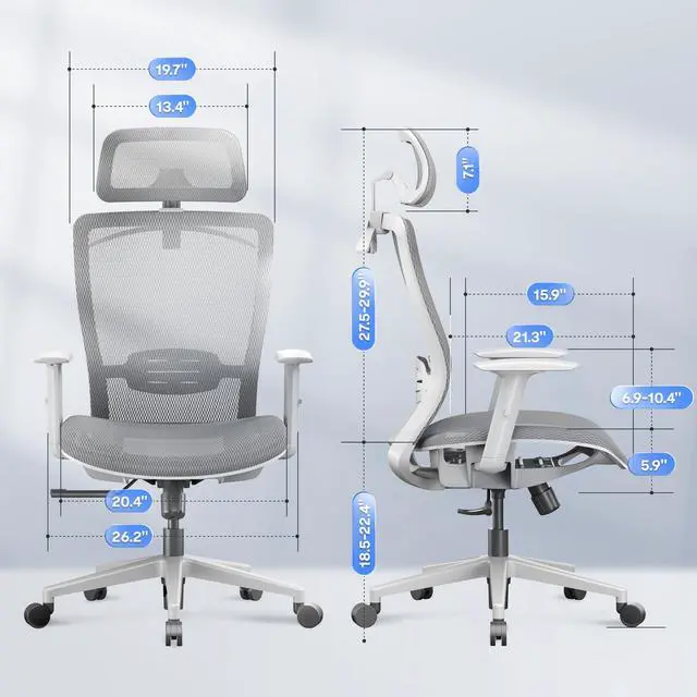 Alt view image 3 of 7 - Ergonomic Office Chair High Back Mesh Swivel Computer Chair Executive Office Desk Chairs with Adjustable Lumbar Support/2D Headrest/90-130° 3-Level Reclining, OC3 Air, Light Gray