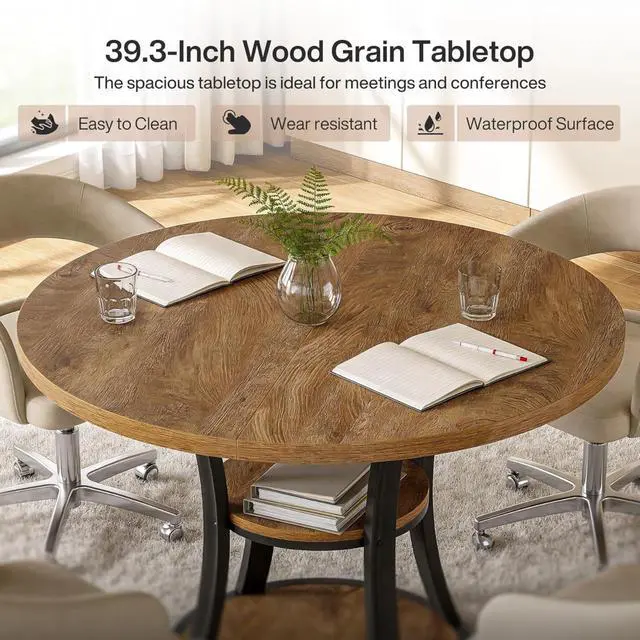 Alt view image 6 of 7 - 39-Inch Round Conference Table for 4, Modern Small Meeting Room Table with 2-Tier Storage Shelf and Metal Base for Office, Conference Room, Waitting Room, Small Spaces (Rustic Brown)