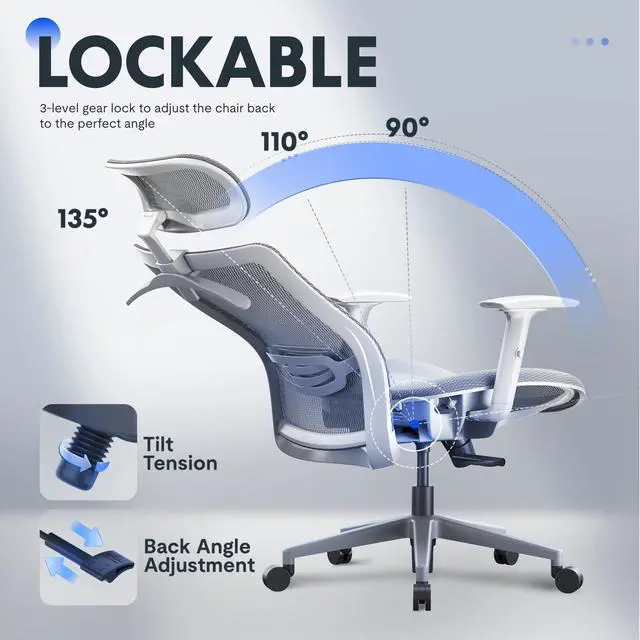 Alt view image 5 of 7 - Ergonomic Office Chair High Back Mesh Swivel Computer Chair Executive Office Desk Chairs with Adjustable Lumbar Support/2D Headrest/90-130° 3-Level Reclining, OC3 Air, Light Gray