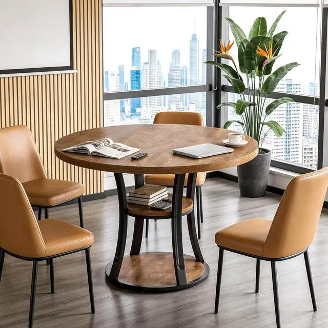 Alt view image 7 of 7 - 39-Inch Round Conference Table for 4, Modern Small Meeting Room Table with 2-Tier Storage Shelf and Metal Base for Office, Conference Room, Waitting Room, Small Spaces (Rustic Brown)