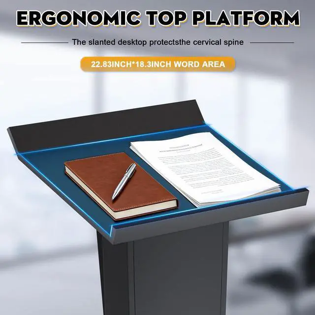 Alt view image 2 of 7 - Ultral 45.3IN Podium Lectern with Wheels, Iron Pulpit for Churches Stand with Lockable Double-Layer Storage, Modern Metal Pulpits Lectern for Classroom, Conference, Presentation,Wedding